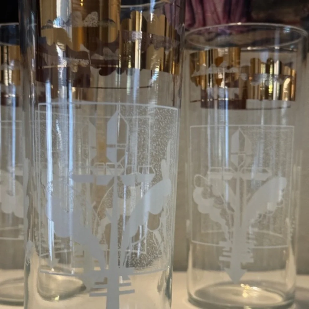 Bartlett & Collins MCM 22K Gold Leaf Highball Glasses, Signed 